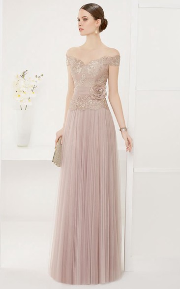 Off-the-shoulder Sheath long Pleated Dress With Flower And Lace