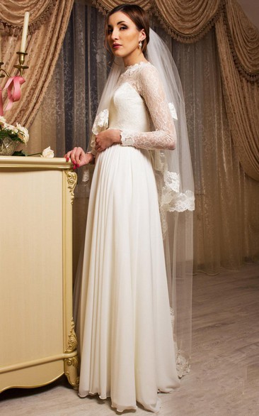 Scoop-neck Illusion Long Sleeve Lace Wedding Dress With bow