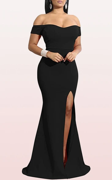 Off-the-shoulder Jersey Mermaid Sleeveless Guest Formal Dress With Split Front