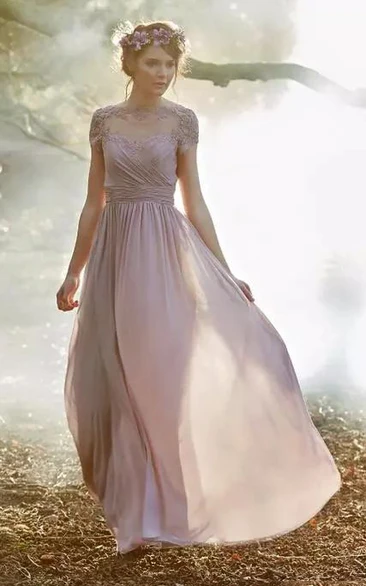 A-line Short Sleeve Floor-length Jewel Chiffon Bridesmaid Dress with Zipper Low-V Back