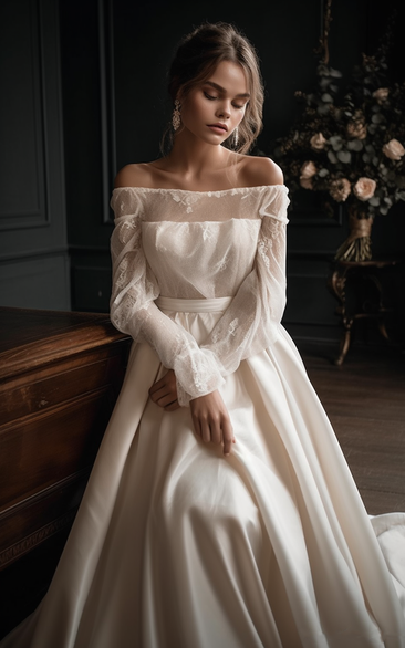Off-the-shoulder Puff Long Sleeve A-line Ball Gown Fairy Wedding Dress