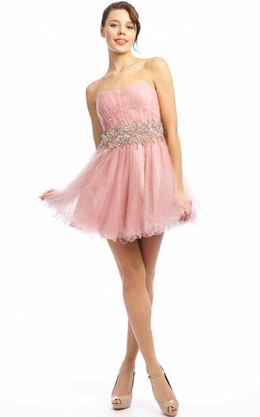 A Line Short Mini Sweetheart Sleeveless Beaded Tulle Prom Dress With Ruffles