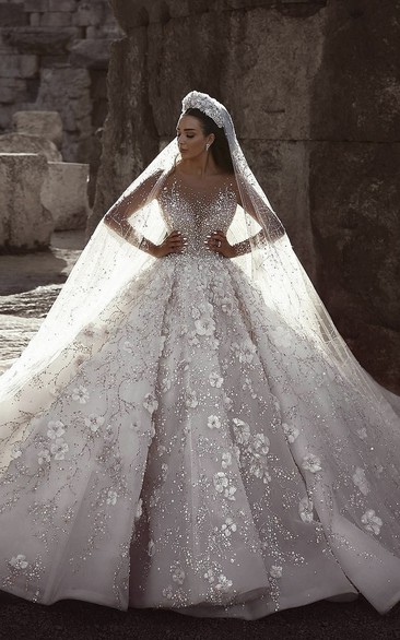 Luxury 3D Floral Illusion Long Sleeve Bridal Ballgown With Beading And Appliques