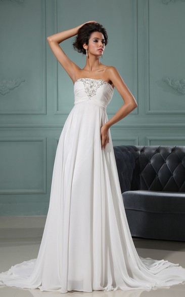 Lace Ruched Bodice Strapless A-Line Gown