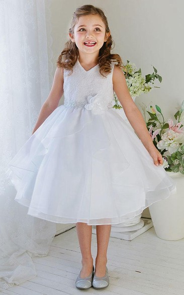 Lace Tea-Length Embroidered Flower Girl Dress