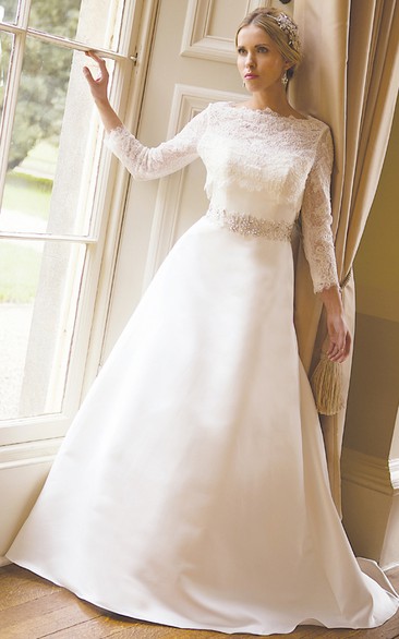 Bateau-neck Lace Long Sleeve A-line Wedding Dress With Jeweled Waist