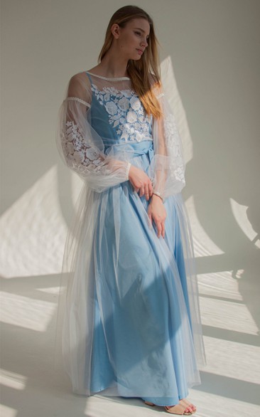 Romantic A Line Square Neck Tulle Prom Dress with Sash