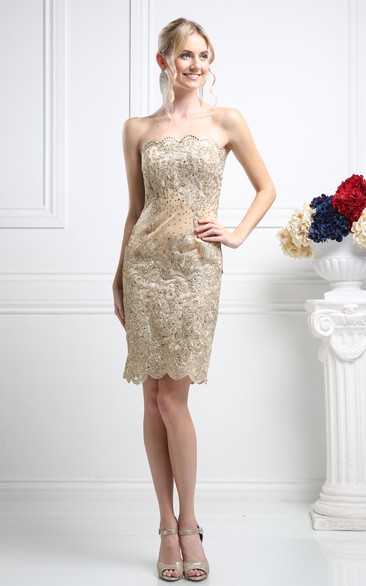 Pencil Short Strapless Sleeveless Lace Backless Dress With Beading