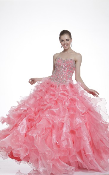 Sweetheart Jeweled Ruffled Strapless Long-Sleeve Lace-Up Organza Ball Gown
