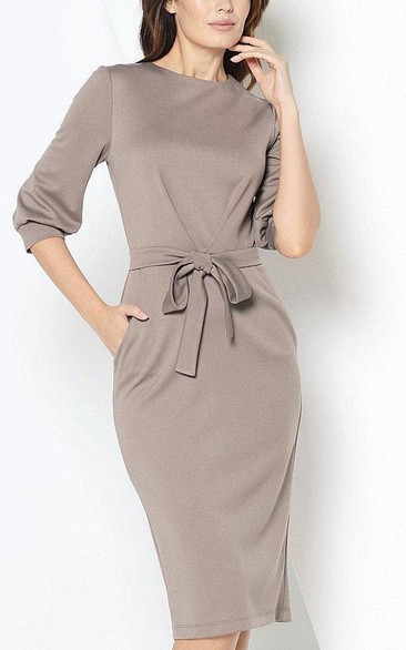 Jewel-Neck 3-4-sleeve Pencil short Dress With bow