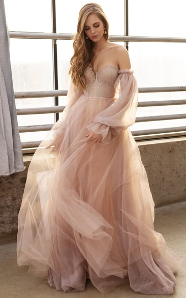 Sweetheart Empire Tulle Puff-long-sleeve A-line Beaded Wedding Dress