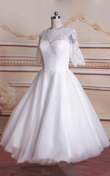 Tulle Satin Long-Sleeve Tea-Length Bridal Lace Dress