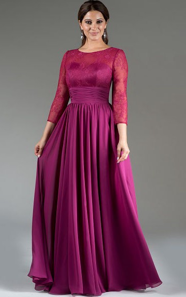 Scoop-neck Lace Long Sleeve Floor-length  Chiffon Dress With Pleats