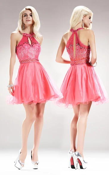 A-Line Satin Jeweled Sequined Short Mini Sleeveless Scoop-Neck Tulle Dress