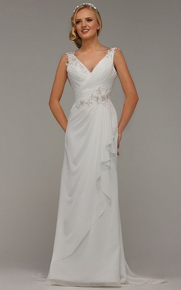 Sheath V-neck Sleeveless Floor-length Chiffon Wedding Dress with Criss Cross and Draping