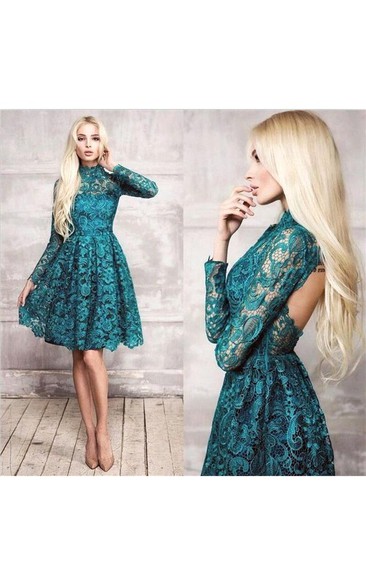 High Neck Long Sleeves Lace Knee Length Dresses With Backless