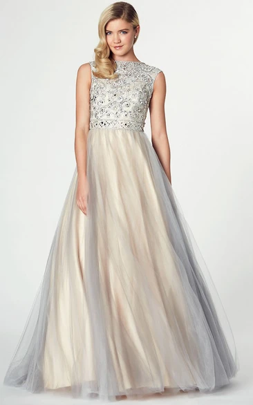 Jewel-Neck Sleeveless Tulle A-line Prom Dress With Beading And Low-V Back