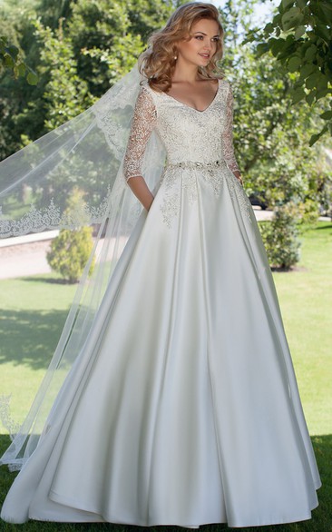 A-line Half Sleeve Satin Wedding Dress With Jeweled waist