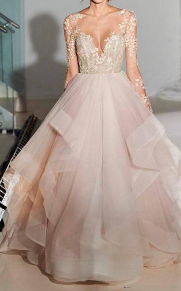 Bateau Organza Lace Illusion Long Sleeve Wedding Gown