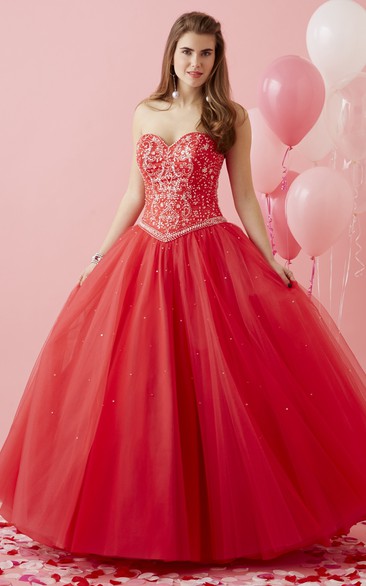 Sweetheart Jeweled Strapless Sleeveless Lace-Up Tulle Ball Gown