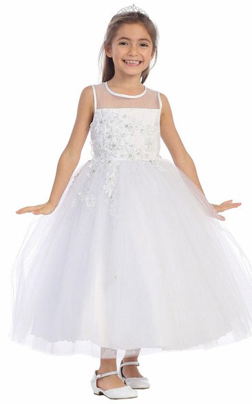 Appliqued Layers Ankle-Length Floral Lace Flower Girl Dress
