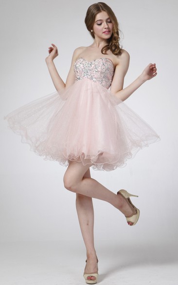 A-Line Tulle Jeweled Mini Sweetheart Sleeveless Strapless High-Waist Dress