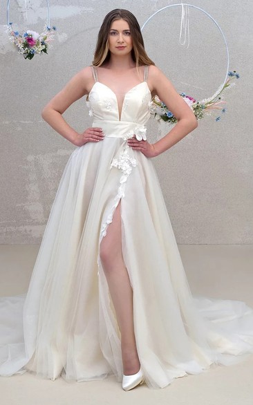 Ethereal A Line Tulle Sleeveless Court Train Open Back Wedding Dress with Split Front