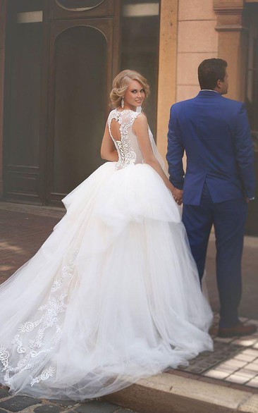 A-Line Ball Gown Empire Mini Jewel Bell Empire Dropped Appliques Cathedral Train Tulle Dress