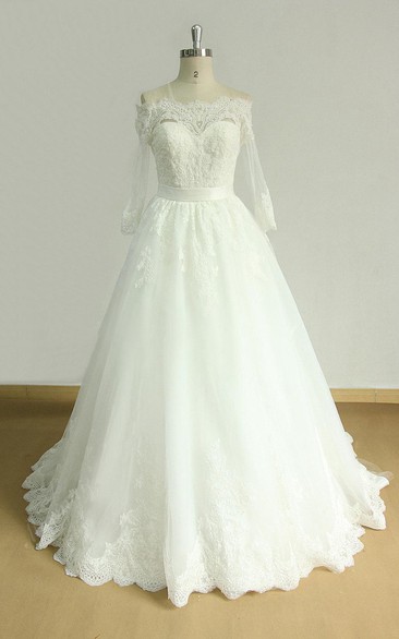 Lace Wedding Off-The-Shoulder A-Line Satin Dress