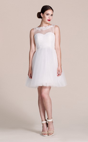 Short Illusion Neckline Tulle A-Line Bridesmaid Dress