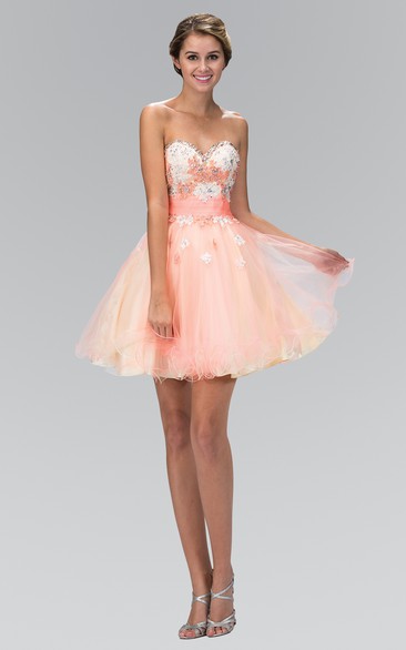 Multi-Color Satin Tulle Jeweled Appliqued A-Line Short Sweetheart Mini Strapless Dress