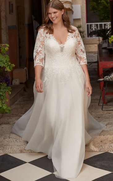 Romantic A Line V-neck Tulle Floor-length 3/4 Length Sleeve Wedding Dress with Appliques