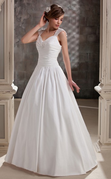 A-Line Ruched Appliques Caped-Sleeve Enchanting Gown