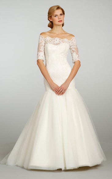Tulle Long Lace Sleeve Off Classic Ball Gown