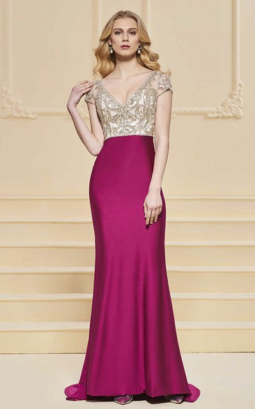 Sexy Illusion Plunging Sheath Satin Two Tune Gown With Beading