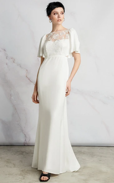 Sheath Chiffon Short-sleeve Wedding Dress with Applique and V Back