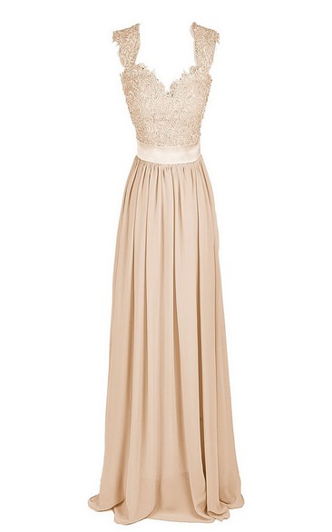 Floor-Length Embroidered Top Long V-Neckline Ruffled Gown