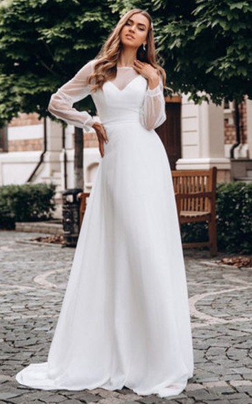 A Line Bateau Chiffon Floor-length Long Sleeve Button Wedding Dress