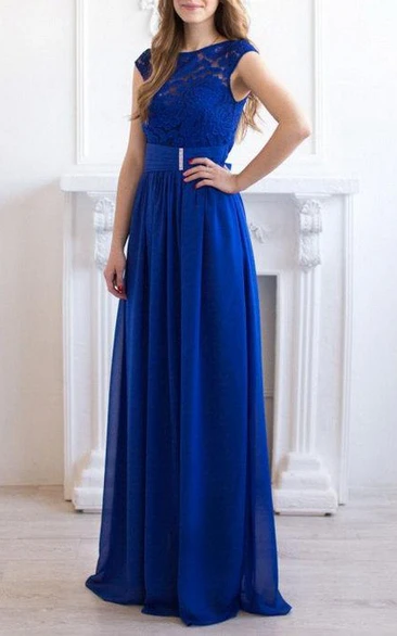 Scoop-neck Cap-sleeve A-line Floor-length Chiffon Dress With Lace top