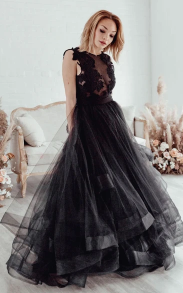 Black A Line Jewel Neck Sleeveless Organza Wedding Dress with Appliques and Open Back