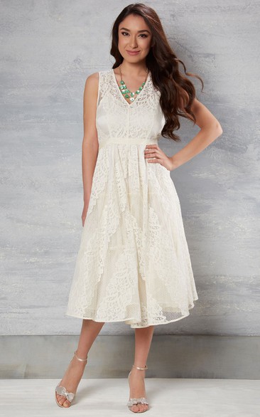Plunged Sleeveless Lace Tea-length Dress With Draping And Zipper