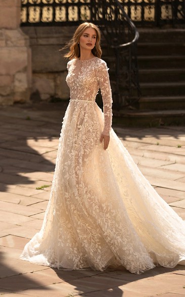 Bateau-neck Illusion Long Sleeve Ethereal A-line Luxury Wedding Dress