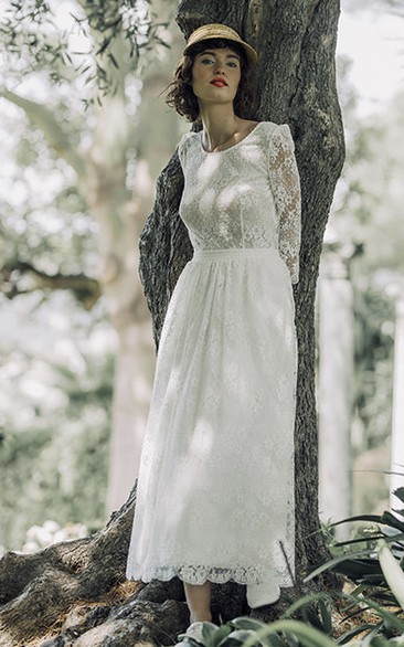 Vintage Lace Long Sleeve Tea-length Wedding Dress With Scoop Neck And V-back