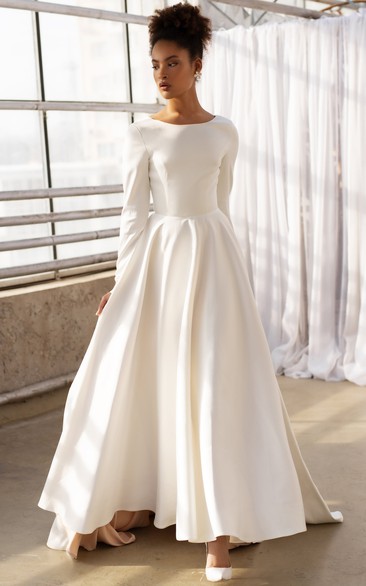 Long Sleeve Modest Satin A-line Empire Wedding Dress