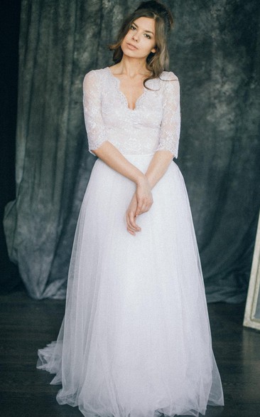Plunged Half Sleeve Lace Tulle A-line Wedding Dress With Illusion And Sweep Train
