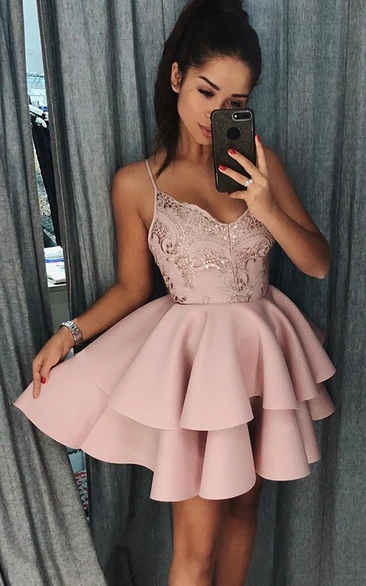 Spaghetti V-neck Satin Sleeveless Short Homecoming Dress with Beading and Tiers