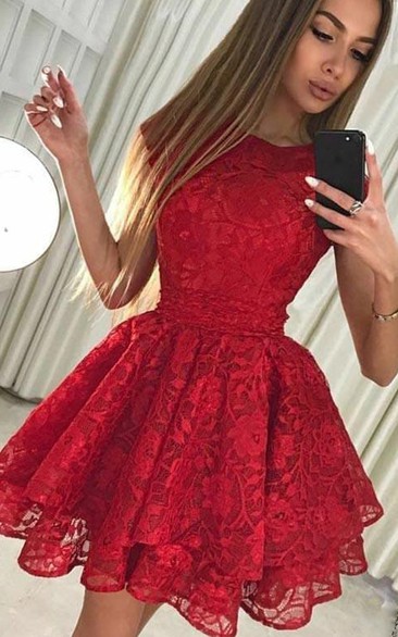 Jewel Lace Short Sleeve Short Homecoming Dress with Bow and Petals