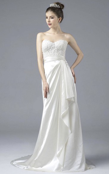 Satin Lace Appliques Elegant Sweetheart Open Back Gown With Draping And Buttons