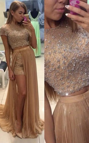 Short-Sleeve Jewels Two-Pieces Stunning Party Gown
