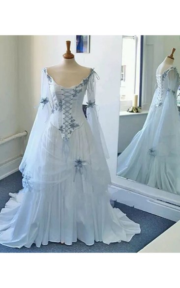 A-line Long Sleeve Floor-length Court Train Scoop Chiffon Tulle Prom Dress with Lace-up Back